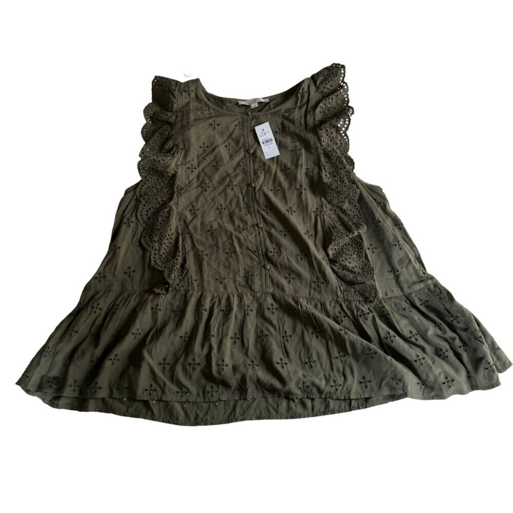 LOFT hunter green Eyelet Peplum Shell size XL NWT